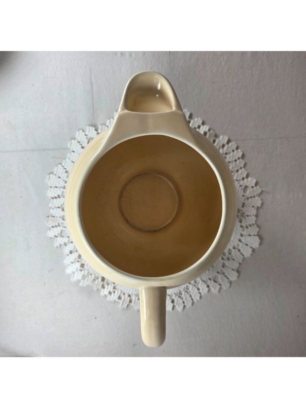 Vintage Fiesta Ivory Ice Lip Pitcher 9 1/2" Wide 7" Tall With Minor Chips On Bas - Picture 5 of 8